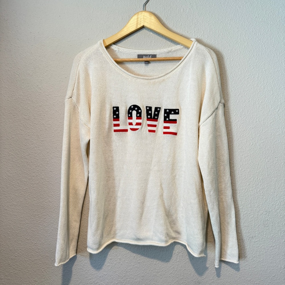 Marled Reunited Clothing Womens XL Cream Love American Flag Graphic Sweater
